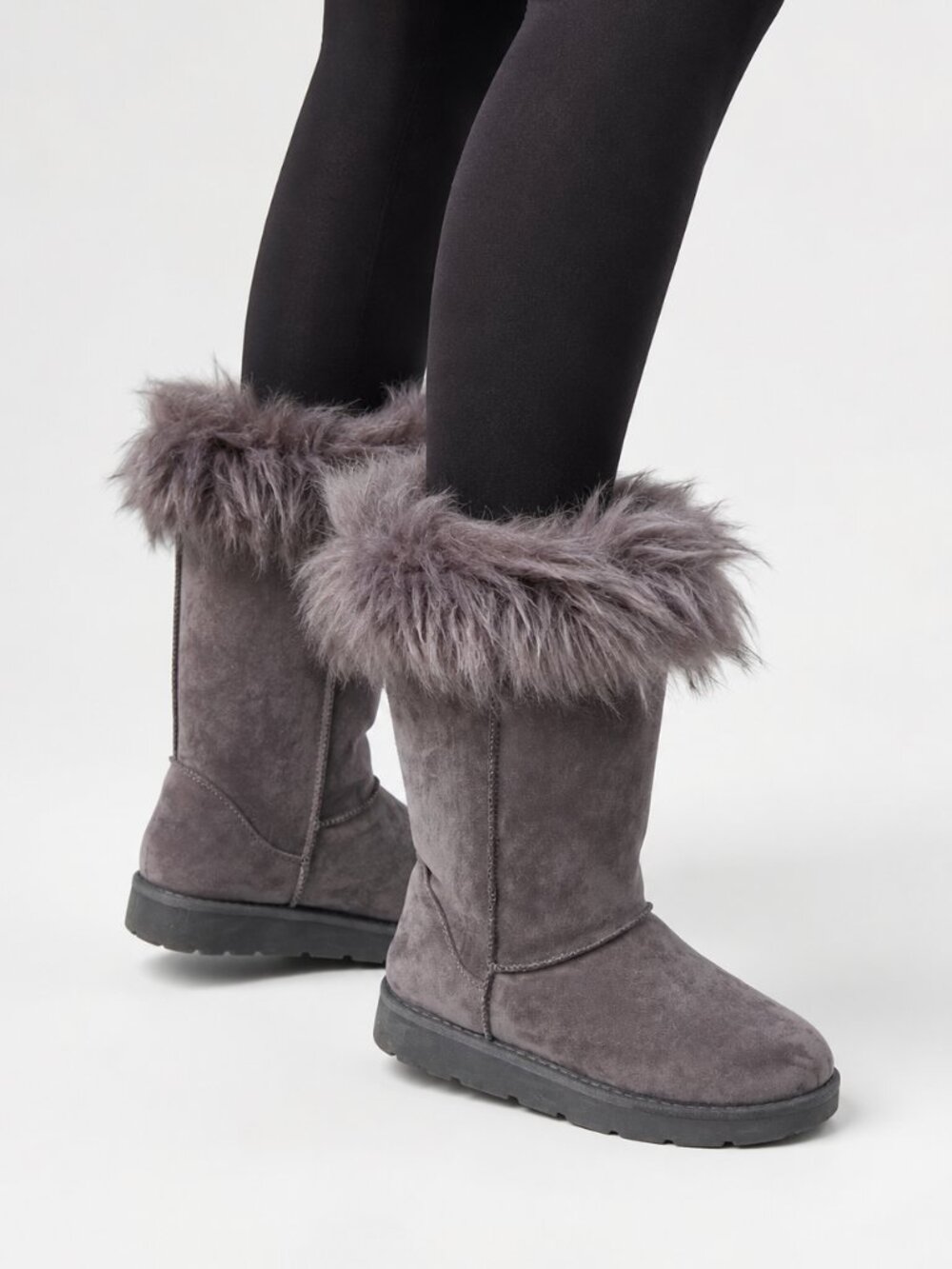 Women's Gray Faux Fur Trim Cozy Mid-Calf Boots, 6